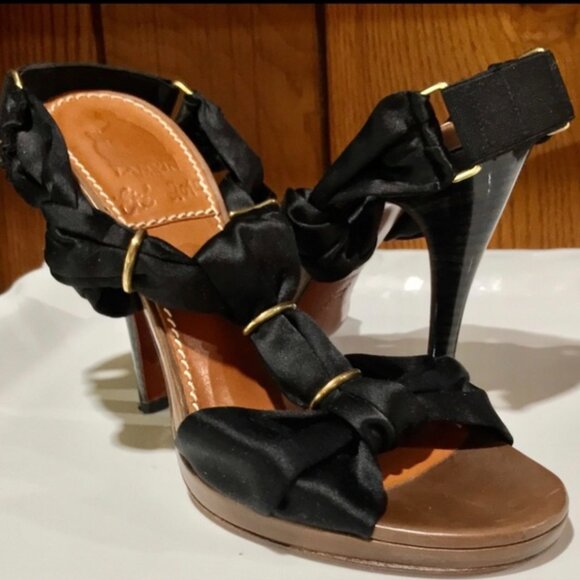 ⭐️HP⭐️LANVIN▪️Eté 2010 Black & Brown Braided Satin & Leather Sandal Heels - Picture 3 of 10